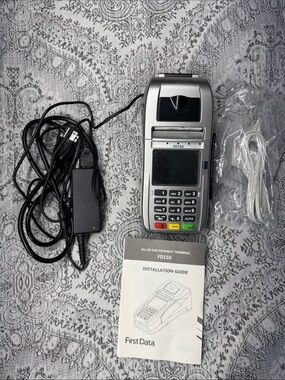First Data FD150 Silver POS Card Terminal with Cables and Guide